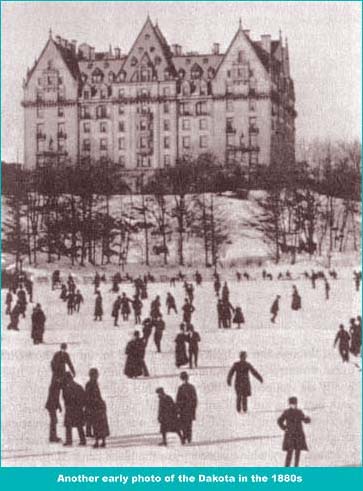 The Dakota in the 1980s. The people are skating in an area below the Dakota that is now Central Park.