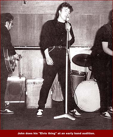 John Lennon does his "Elvis thing" at an early band audition. Elvis was a major influence on upcoming musicians around the world, and the early Beatles were no exception.